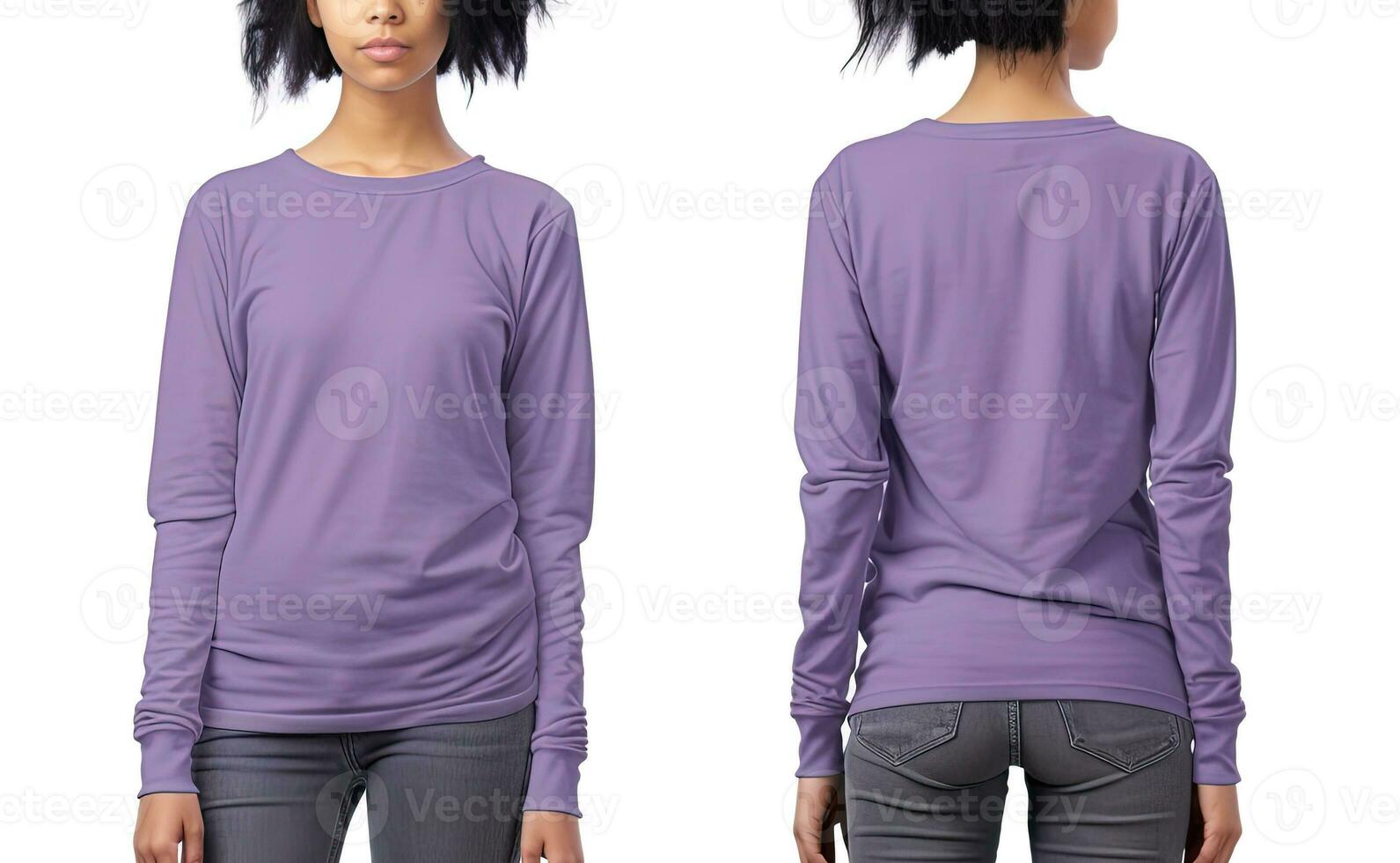 Woman wearing a purple T-shirt with long sleeves. Front and back view. ai generated photo