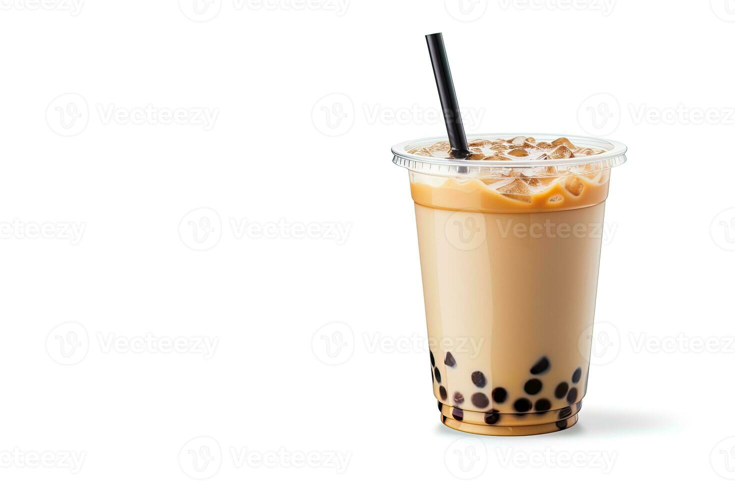 iced milk tea and bubble boba in the plastic glass on the white background with copy space. ai generated photo