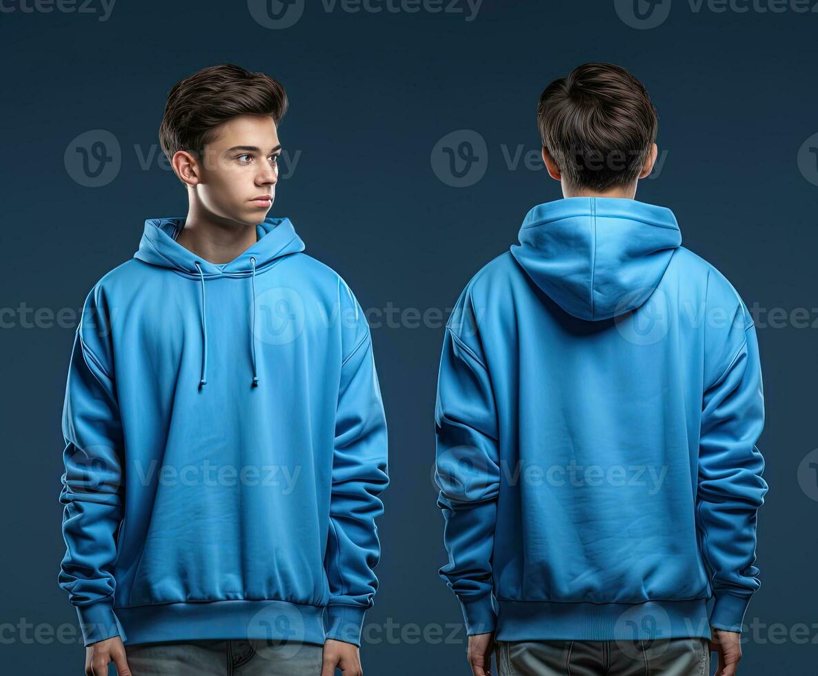 Front and back view of a blue hoodie mockup for design print. ai generated photo