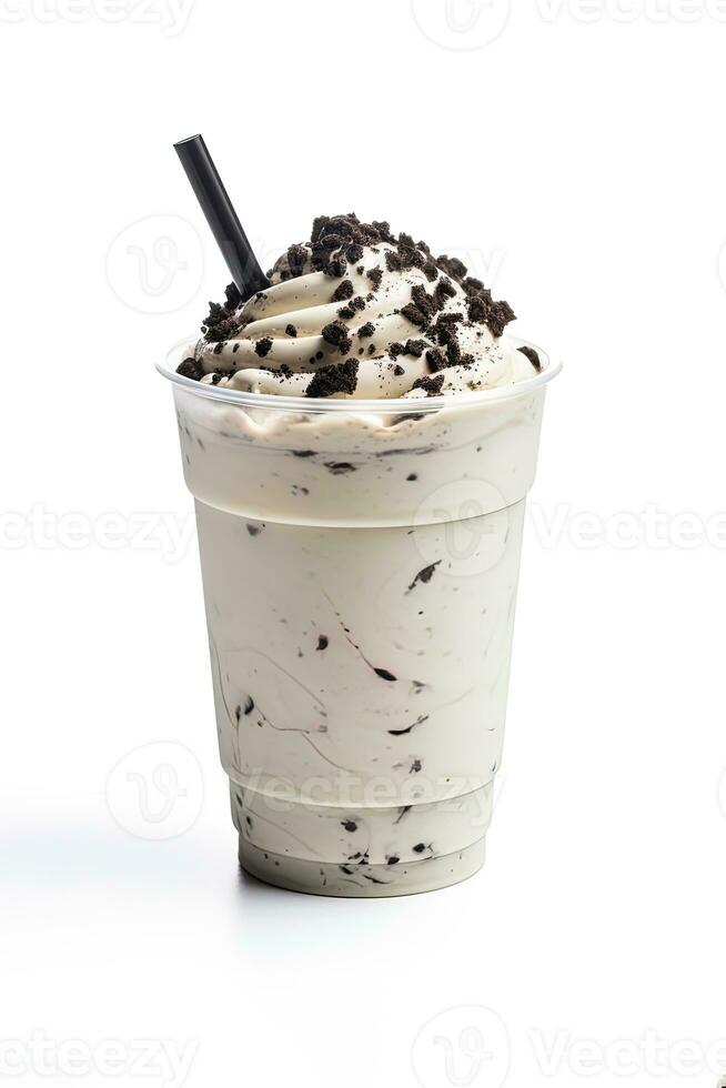 Cookies and cream milkshake in a takeaway cup isolated on white background. ai generated photo