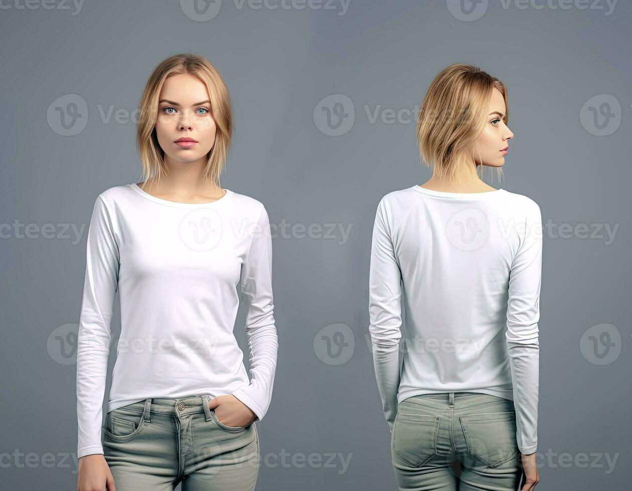 mujer vistiendo un blanco camiseta con largo mangas frente y espalda vista. ai generado foto