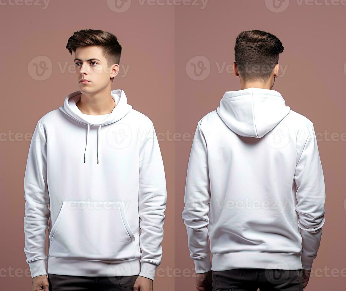 Front and back view of a white hoodie mockup for design print. ai generated photo