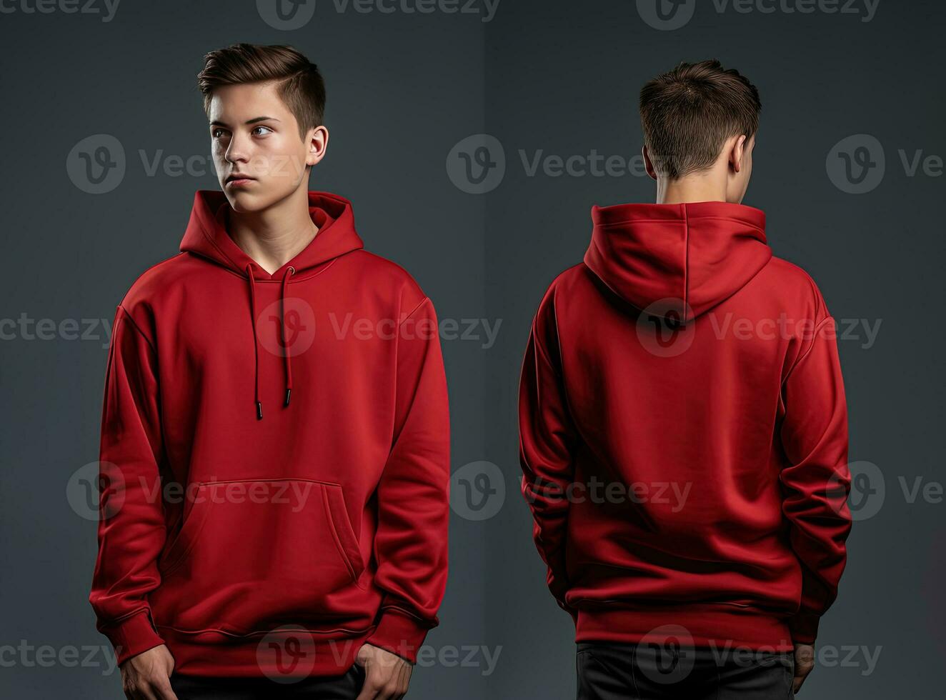 Front and back view of a red hoodie mockup for design print. ai generated photo