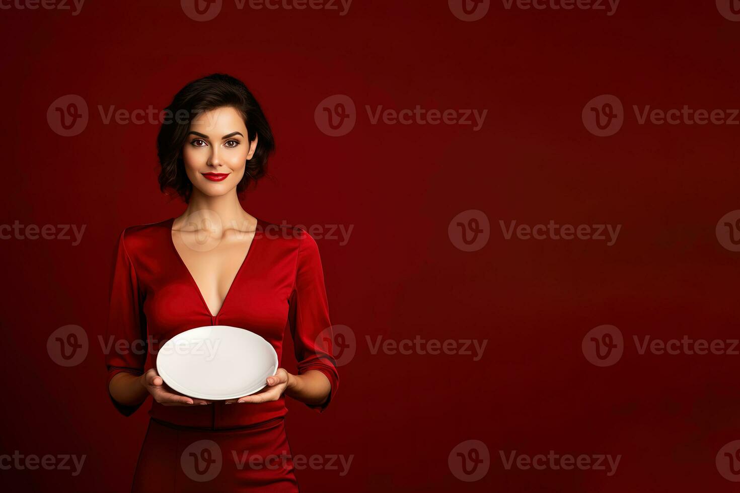 joven hermosa elegante mujer participación un vacío plato o plato aislado en rojo antecedentes con Copiar espacio. ai generado foto