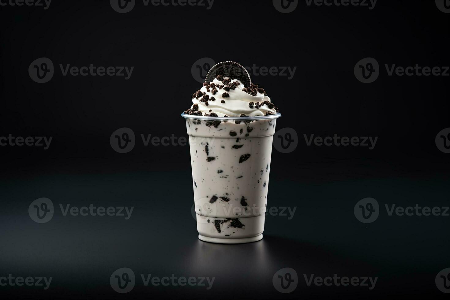 Cookies and cream milkshake in a takeaway cup isolated on dark background. ai generated photo
