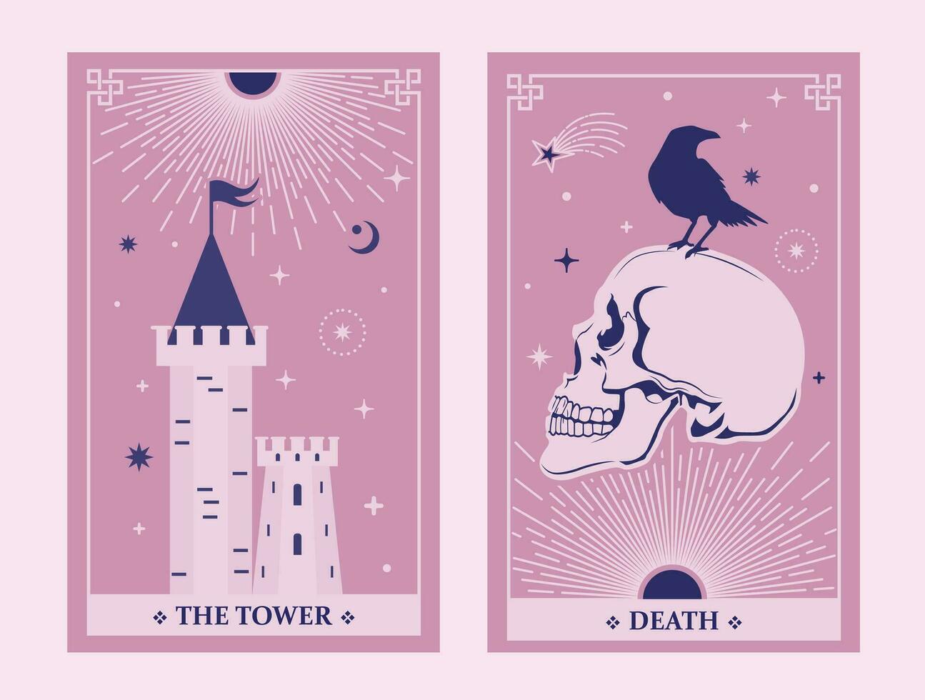 The tower and death tarot card illustration fortune telling occult mystic esoteric. Celestial Tarot Cards are Basic witch tarot surrounded by stars. vector