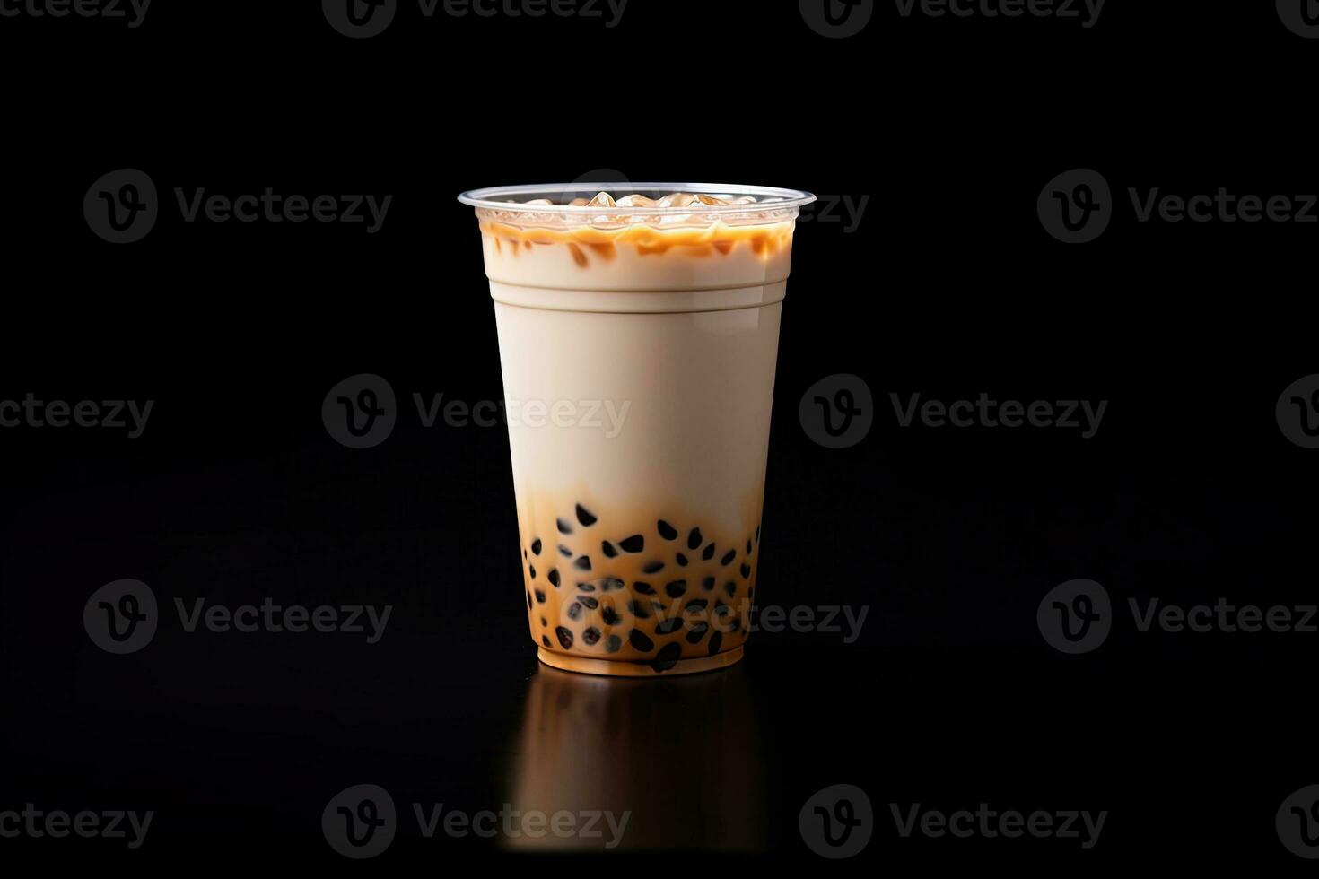 milk tea white bubble on plastic cup, isolated on dark background, side view. ai generated photo