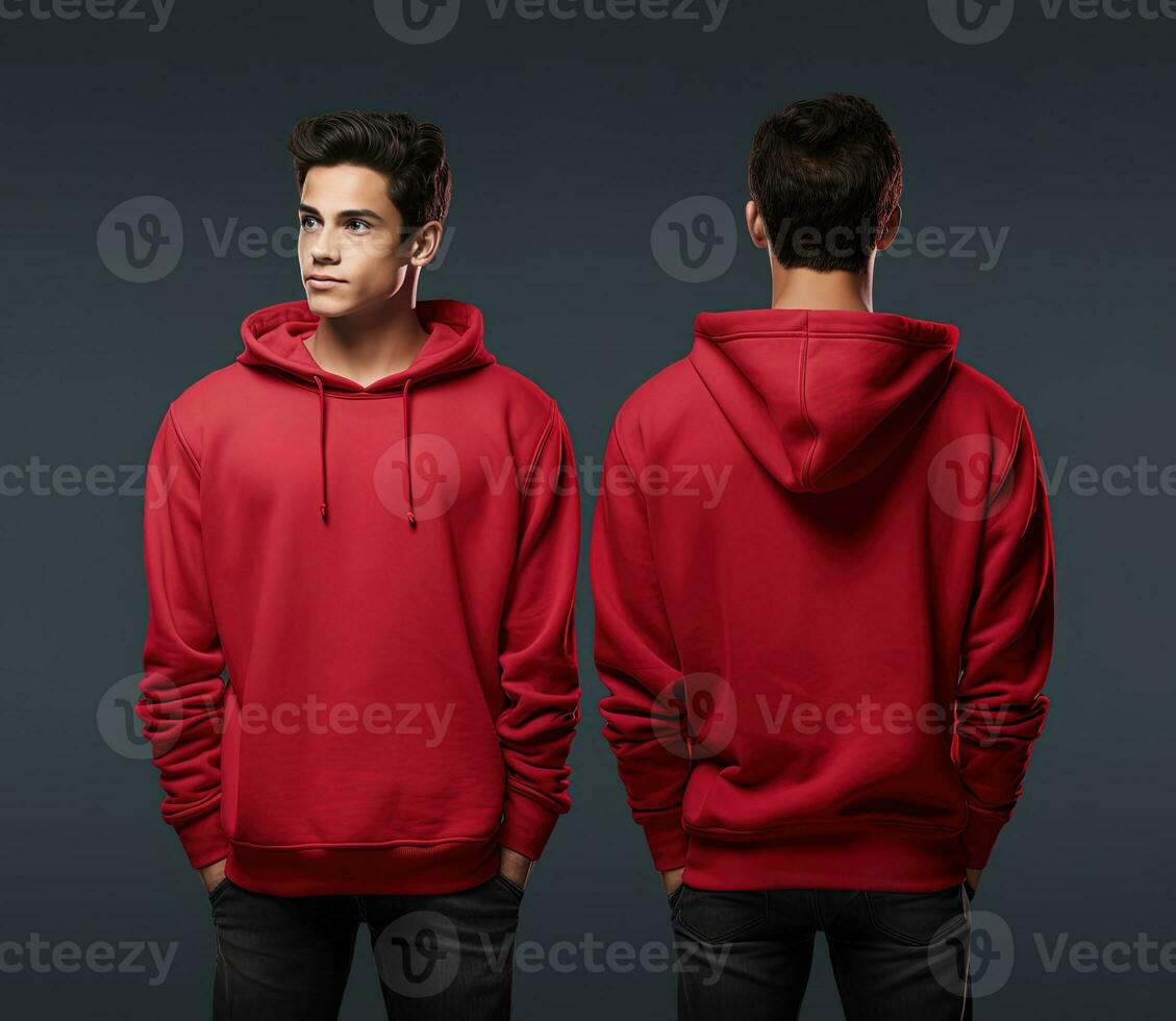 Front and back view of a red hoodie mockup for design print. ai generated photo