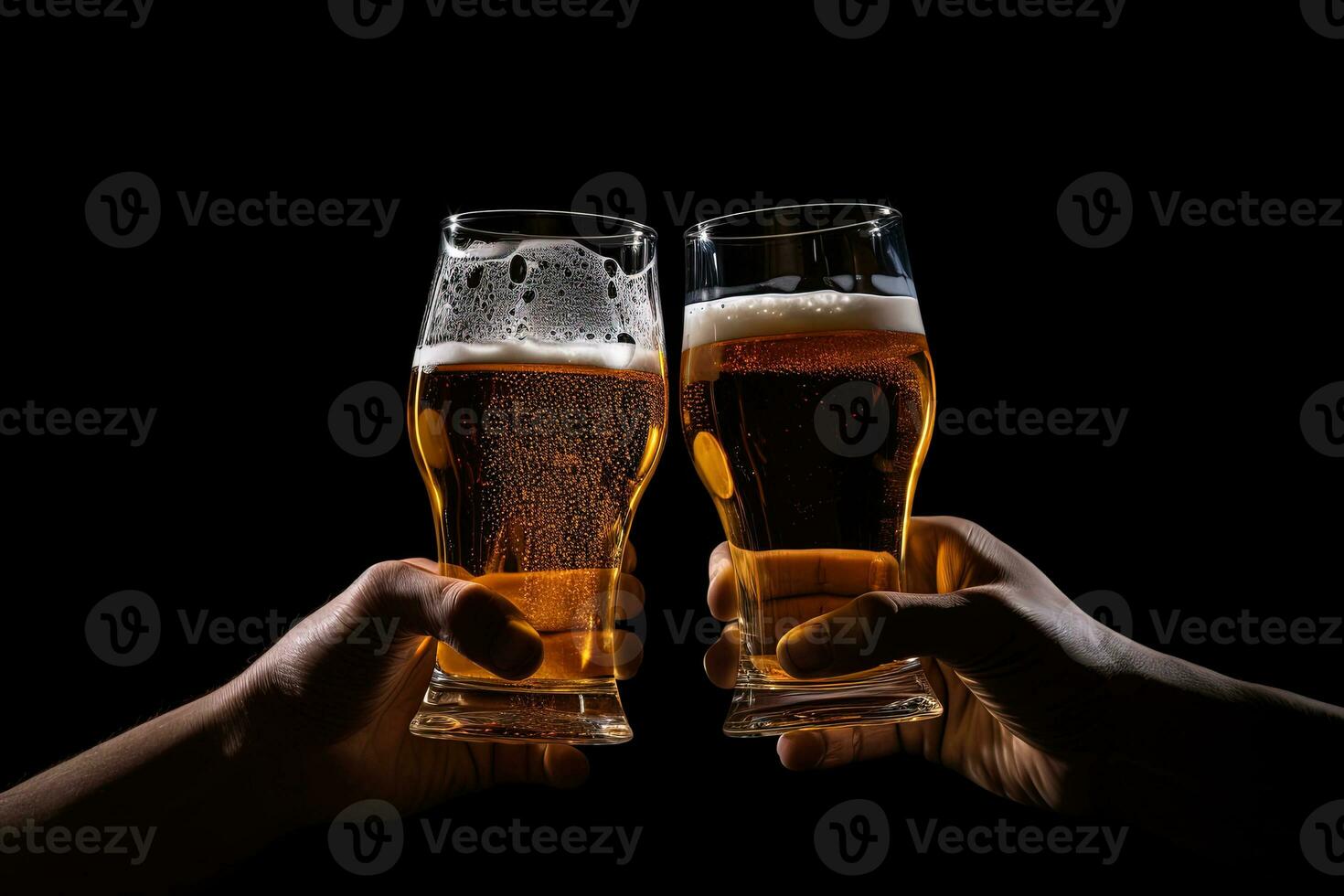 Hands toasting with glasses of beer isolated on black background. ai generated photo