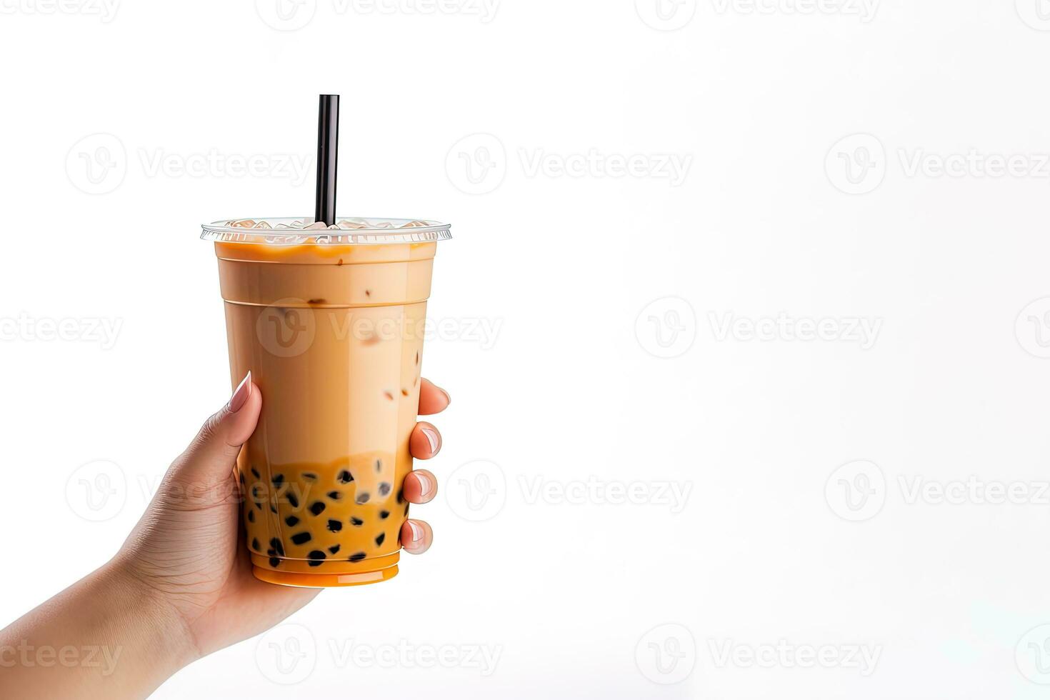 A hand holding takeaway plastic cup of delicious iced bubble milk tea and black pearls isolated on white background with copy space. ai generated photo