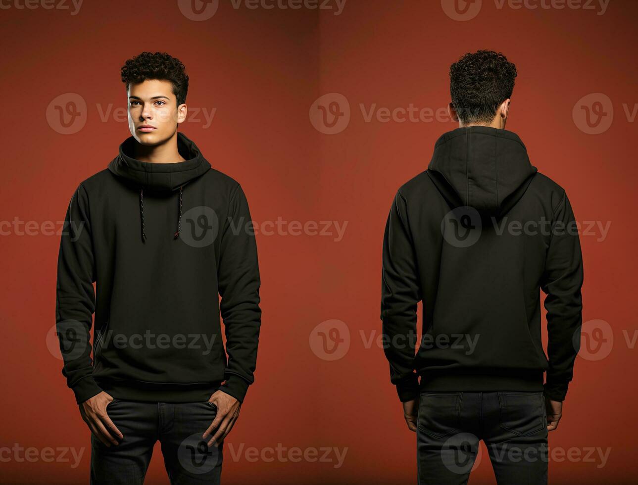 Front and back view of a black hoodie mockup for design print. ai generated photo