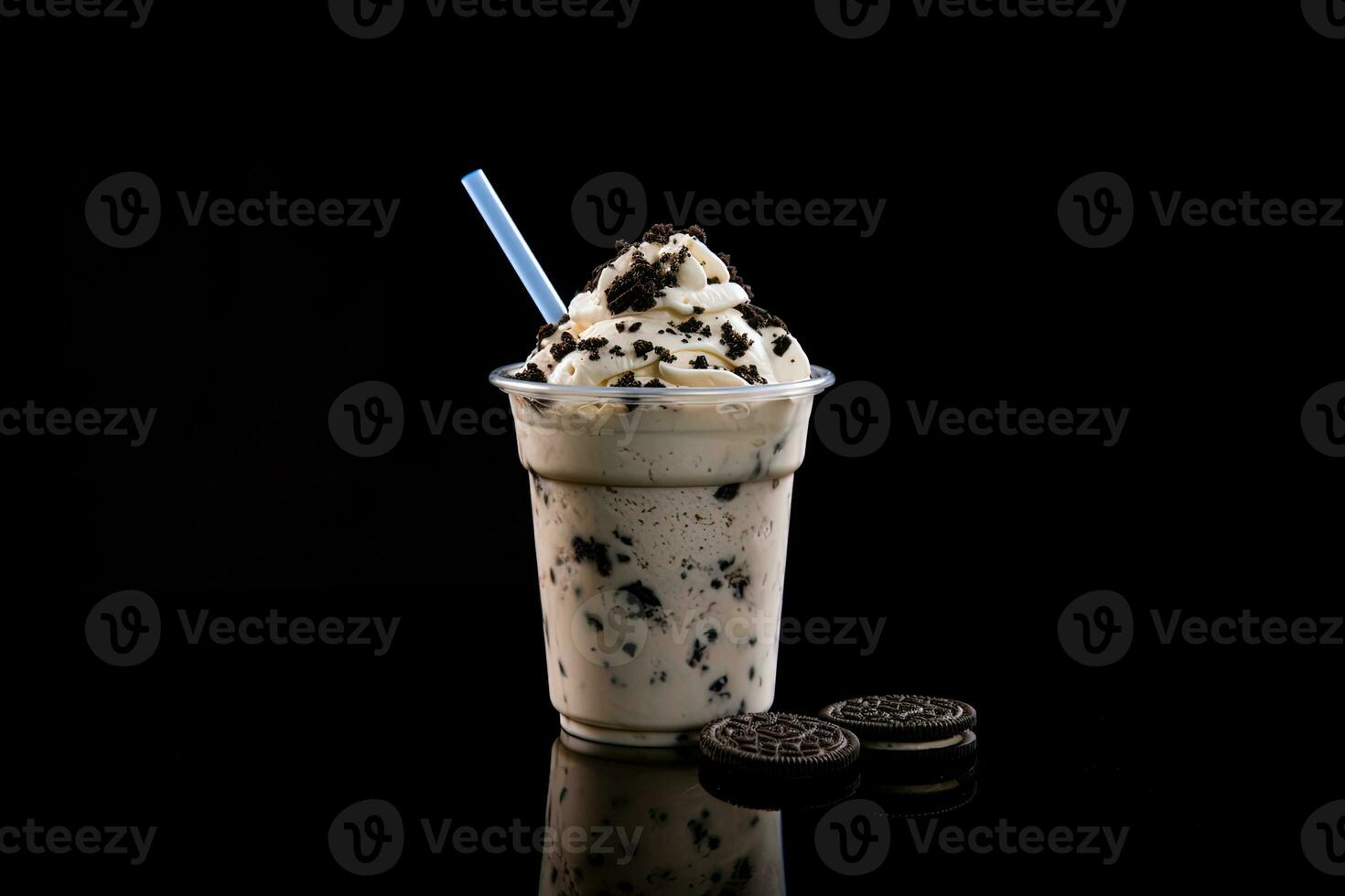 Cookies and cream milkshake in a takeaway cup isolated on dark background. ai generated photo