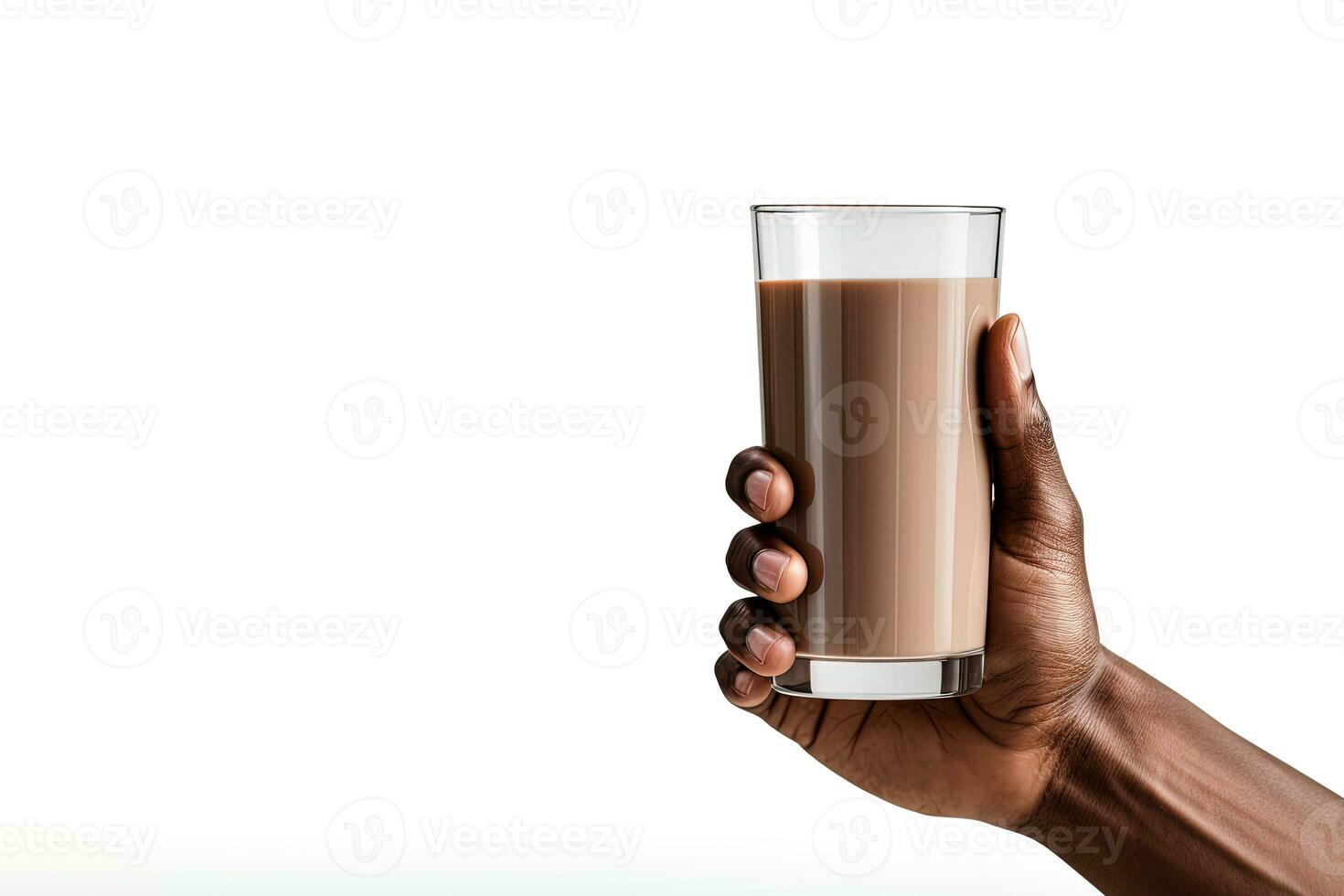 Hand holding a glass of delicious chocolate milk isolated on white background with copy space. ai generated photo