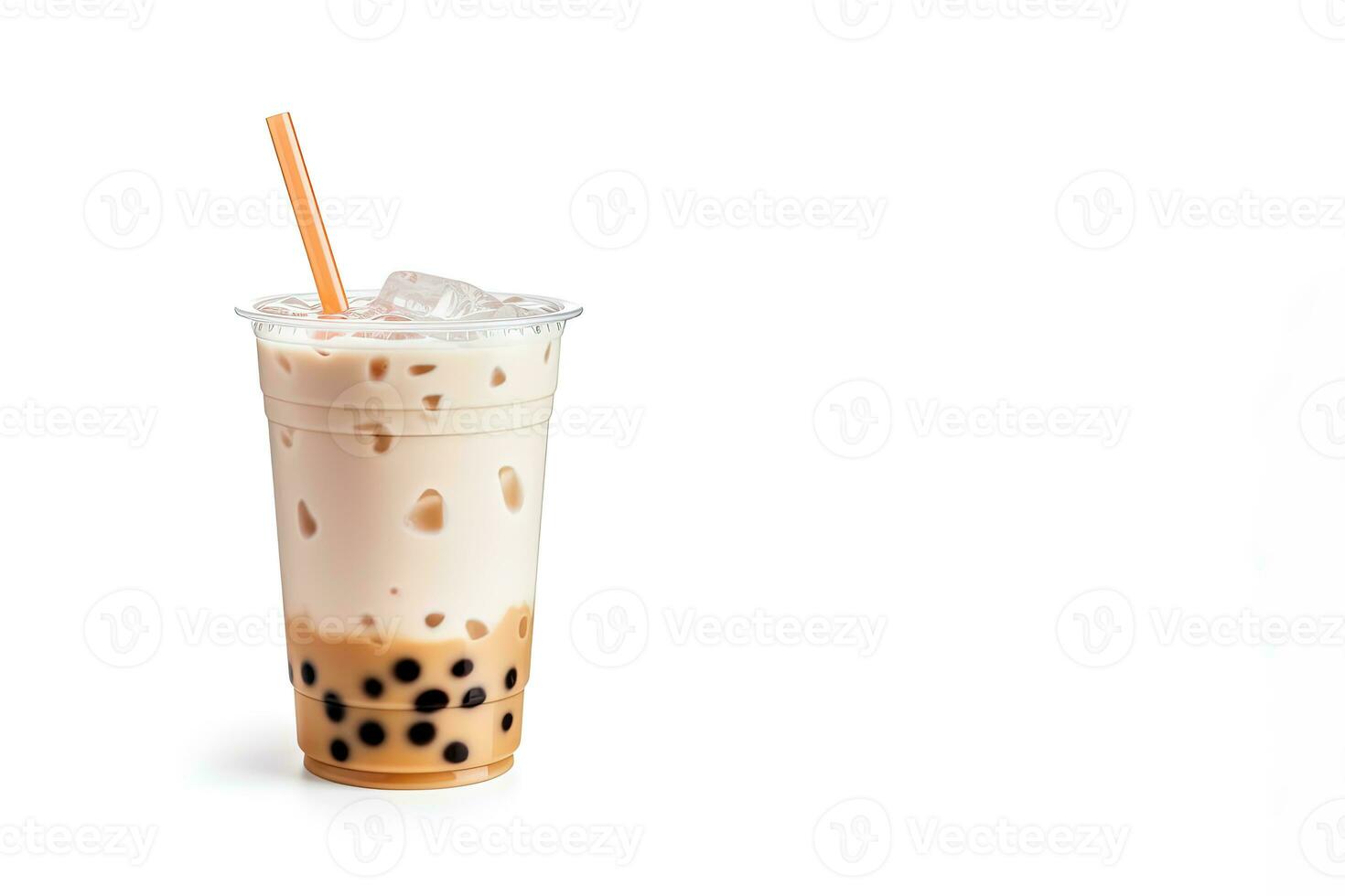 iced milk tea and bubble boba in the plastic glass on the white background with copy space. ai generated photo