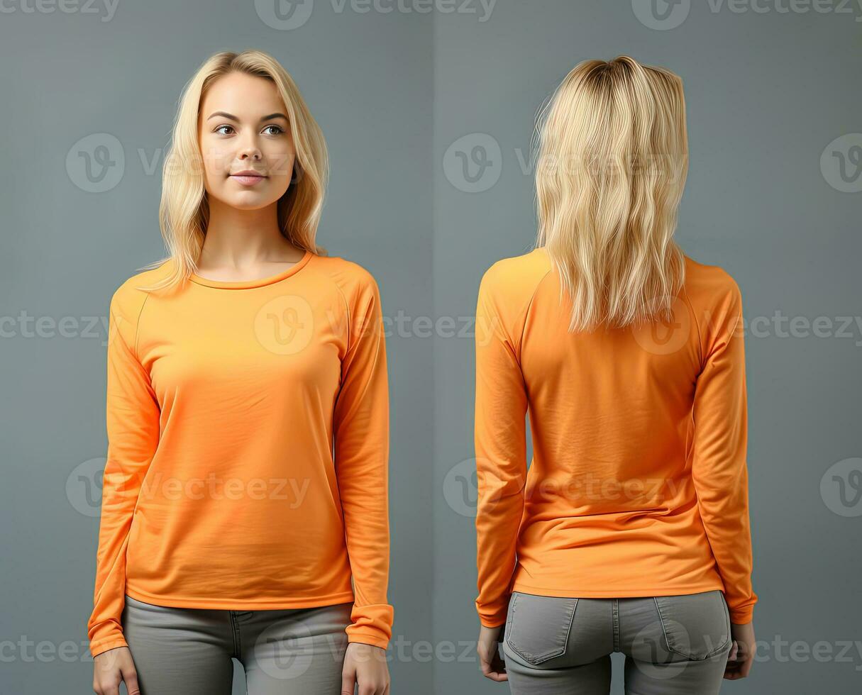 Woman wearing an orange T-shirt with long sleeves. Front and back view. ai generated photo