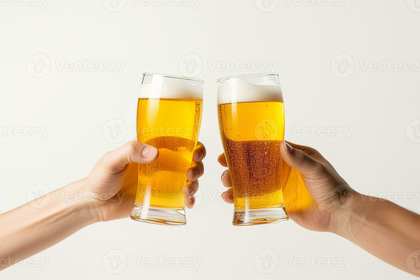 Hands toasting with glasses of beer isolated on white background. ai generated photo