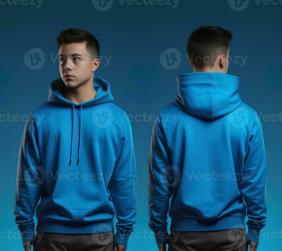 Front and back view of a blue hoodie mockup for design print. ai generated photo