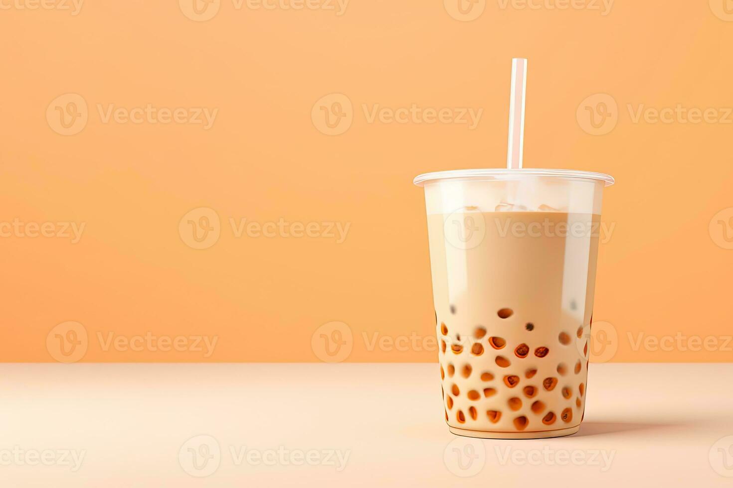 iced milk tea and bubble boba in the plastic glass on the beige background. ai generated photo