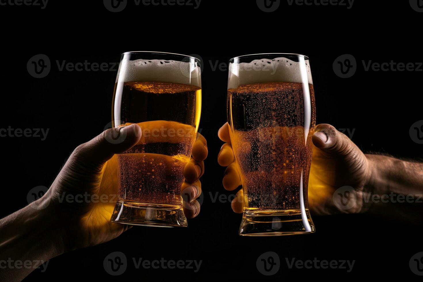 Hands toasting with glasses of beer isolated on black background. ai generated photo