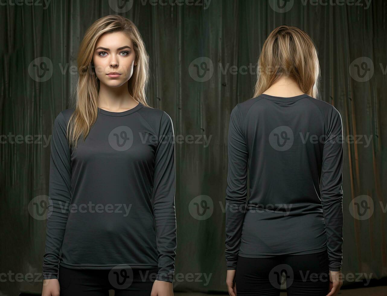 Woman wearing a grey T-shirt with long sleeves. Front and back view. ai generated photo