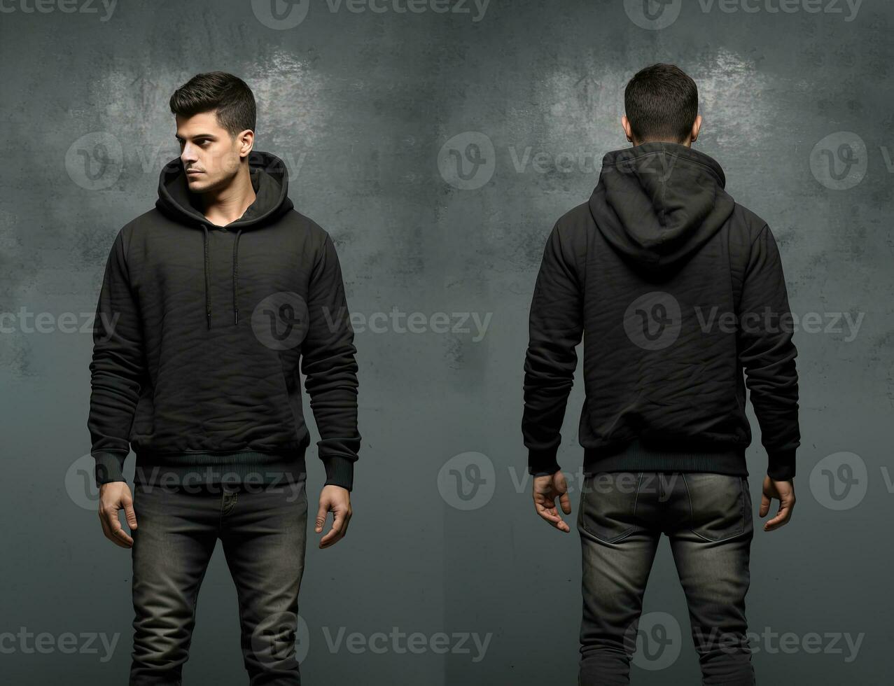 Front and back view of a black hoodie mockup for design print. ai generated photo