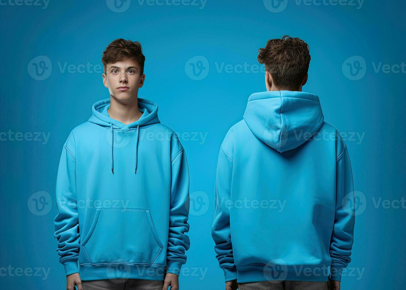 Front and back view of a blue hoodie mockup for design print. ai generated photo