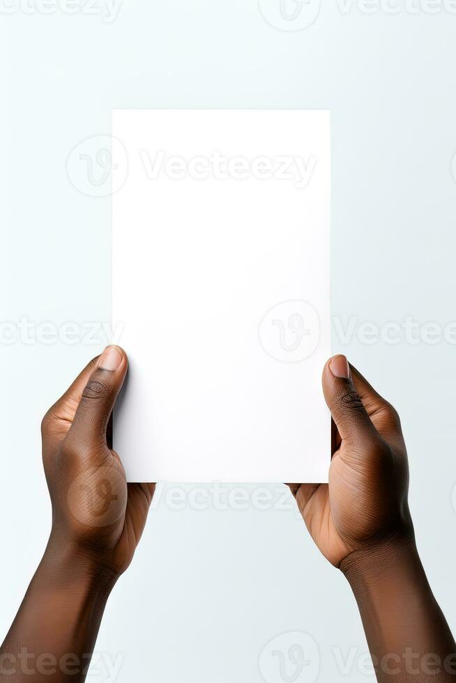 A human hand holding a blank sheet of white paper or card isolated on white background. ai generated photo