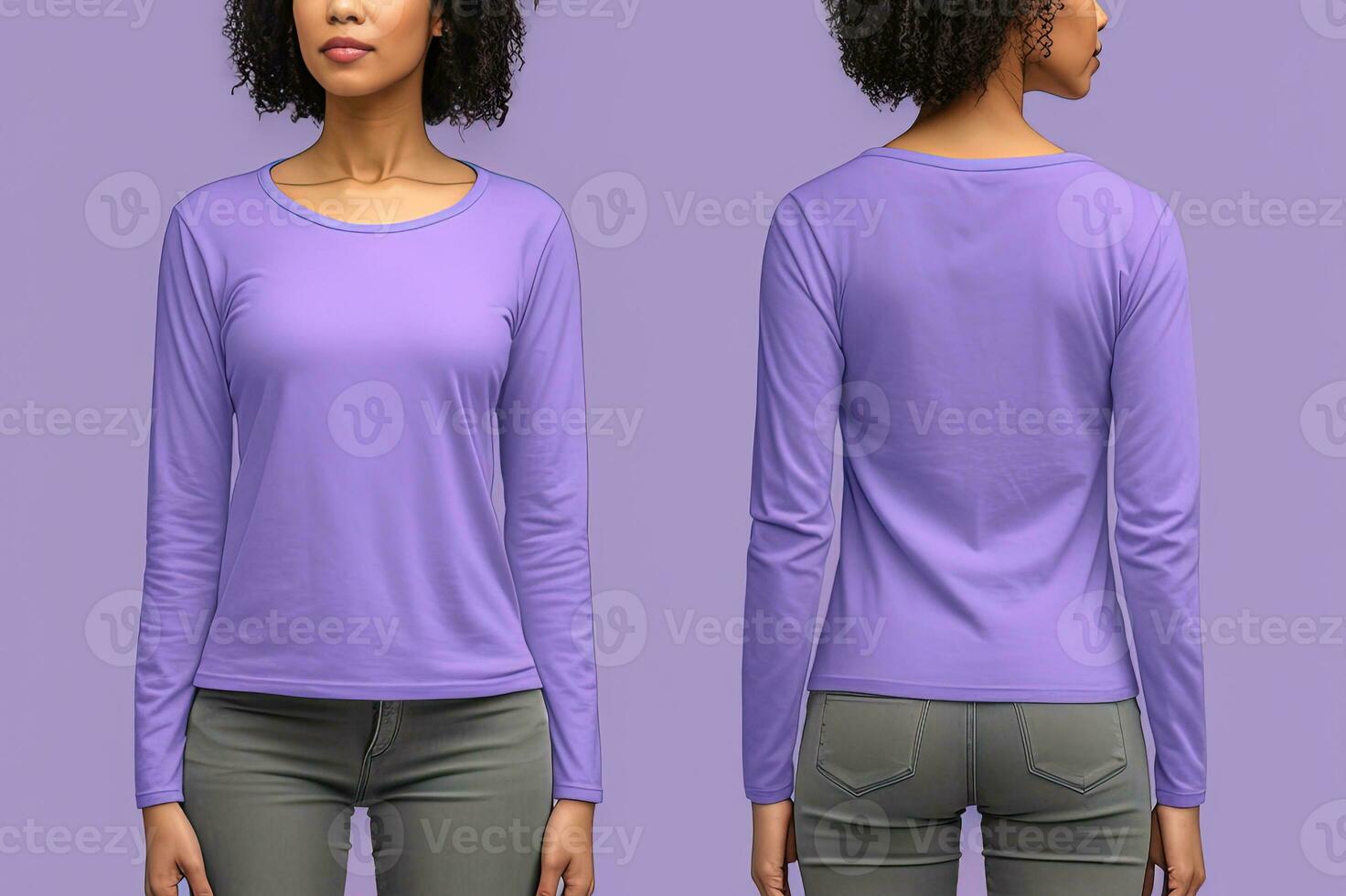 Woman wearing a purple T-shirt with long sleeves. Front and back view. ai generated photo