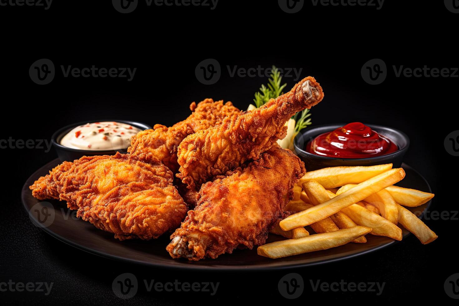 Fast food fried crispy chicken and french fries potatoes with ketchup sauce isolated on dark background. photo