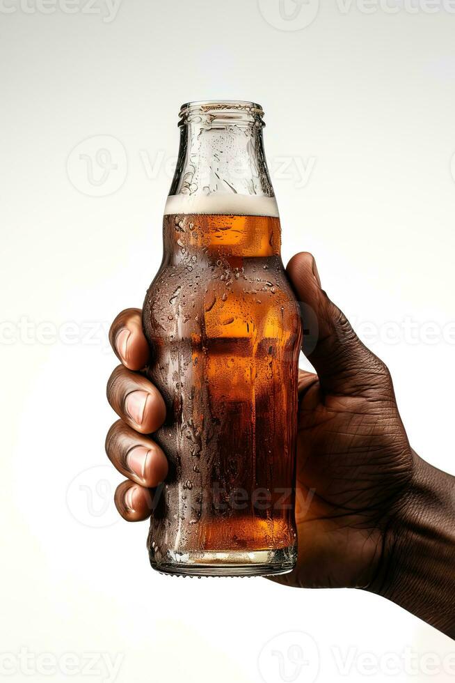 a male hand holding up a bottle of beer isolated on a white background. ai generated photo