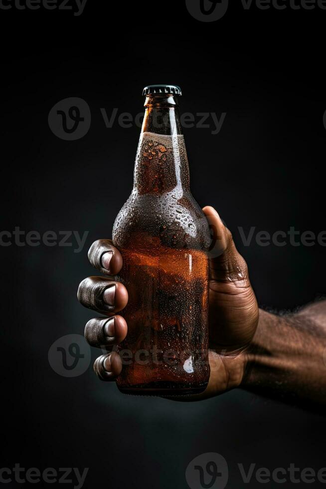 a male hand holding up a bottle of beer isolated on a black background. ai generated photo