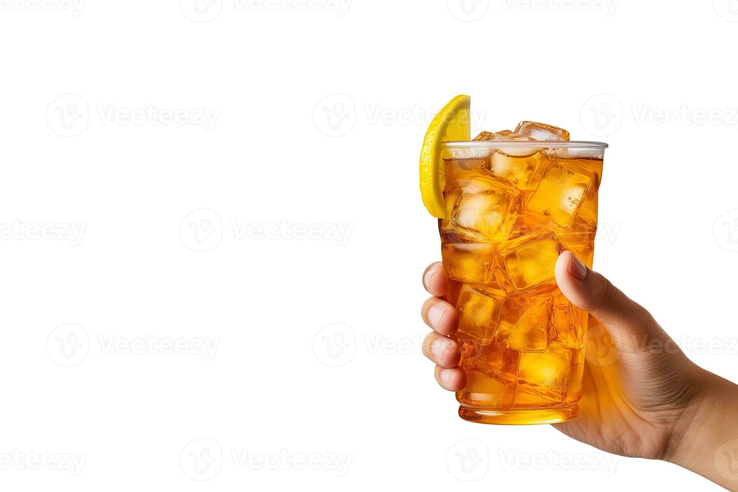 A hand holding takeaway plastic cup of delicious iced lemon tea isolated on white background with copy space. ai generated photo