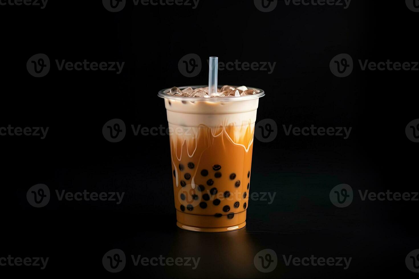 milk tea white bubble on plastic cup, isolated on dark background, side view. ai generated photo