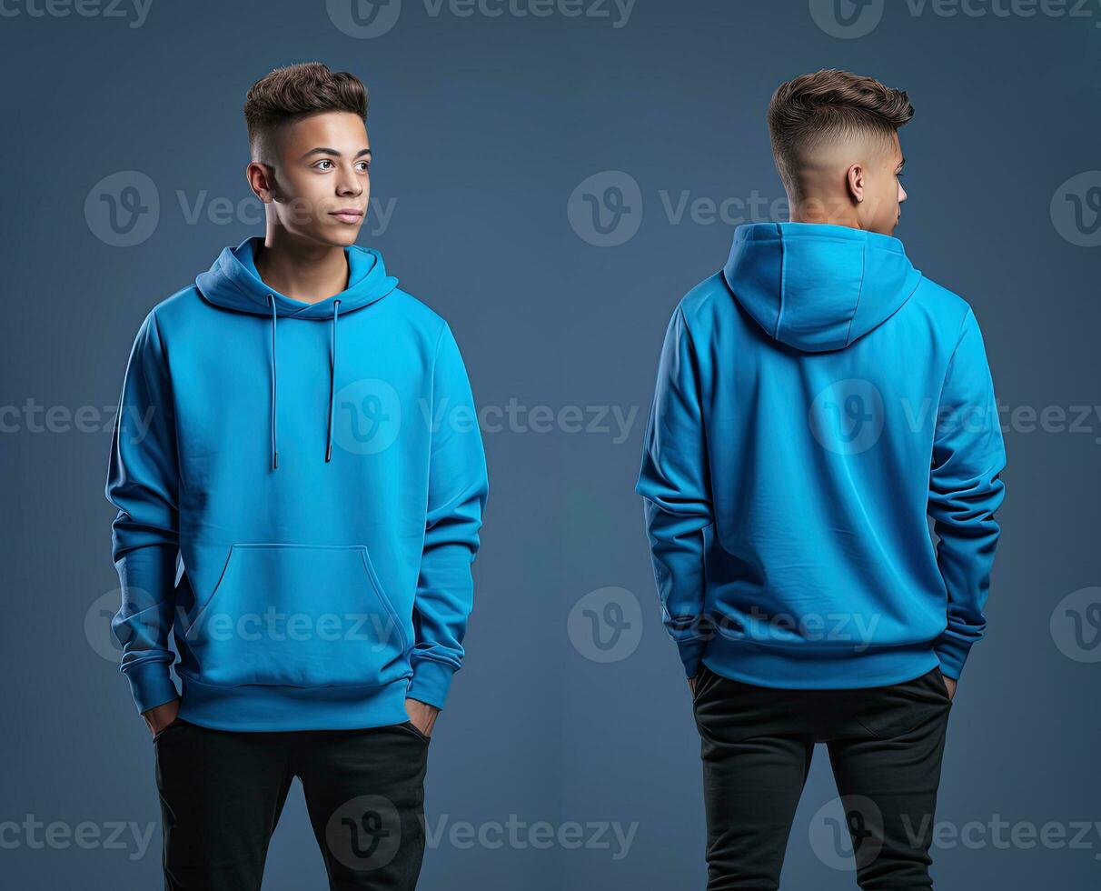 Front and back view of a blue hoodie mockup for design print. ai generated photo