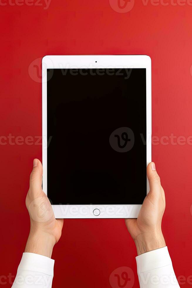 Hand holding tablet with mockup blank screen isolated on red background. ai generated photo