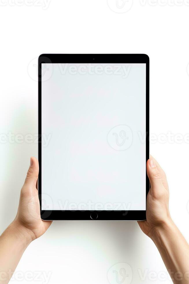 mano participación tableta con Bosquejo blanco pantalla aislado en blanco antecedentes. ai generado foto
