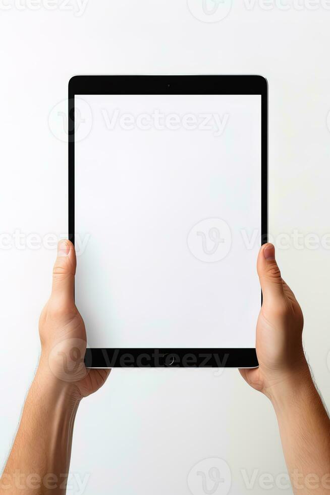 Hand holding tablet with mockup blank screen isolated on white background. ai generated photo