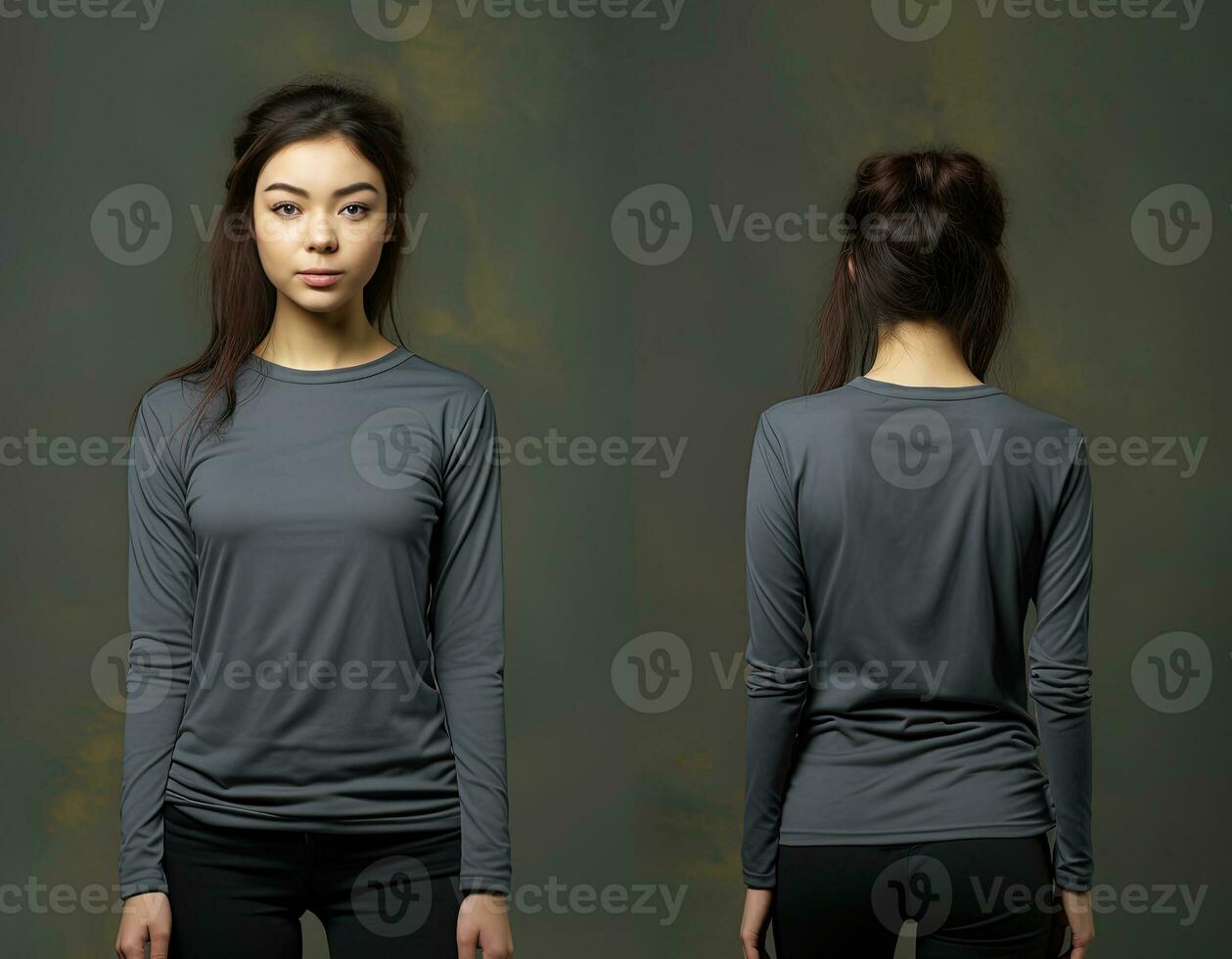 Woman wearing a grey T-shirt with long sleeves. Front and back view. ai generated photo
