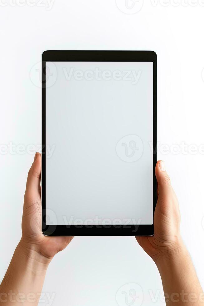 Hand holding tablet with mockup blank screen isolated on white background. ai generated photo