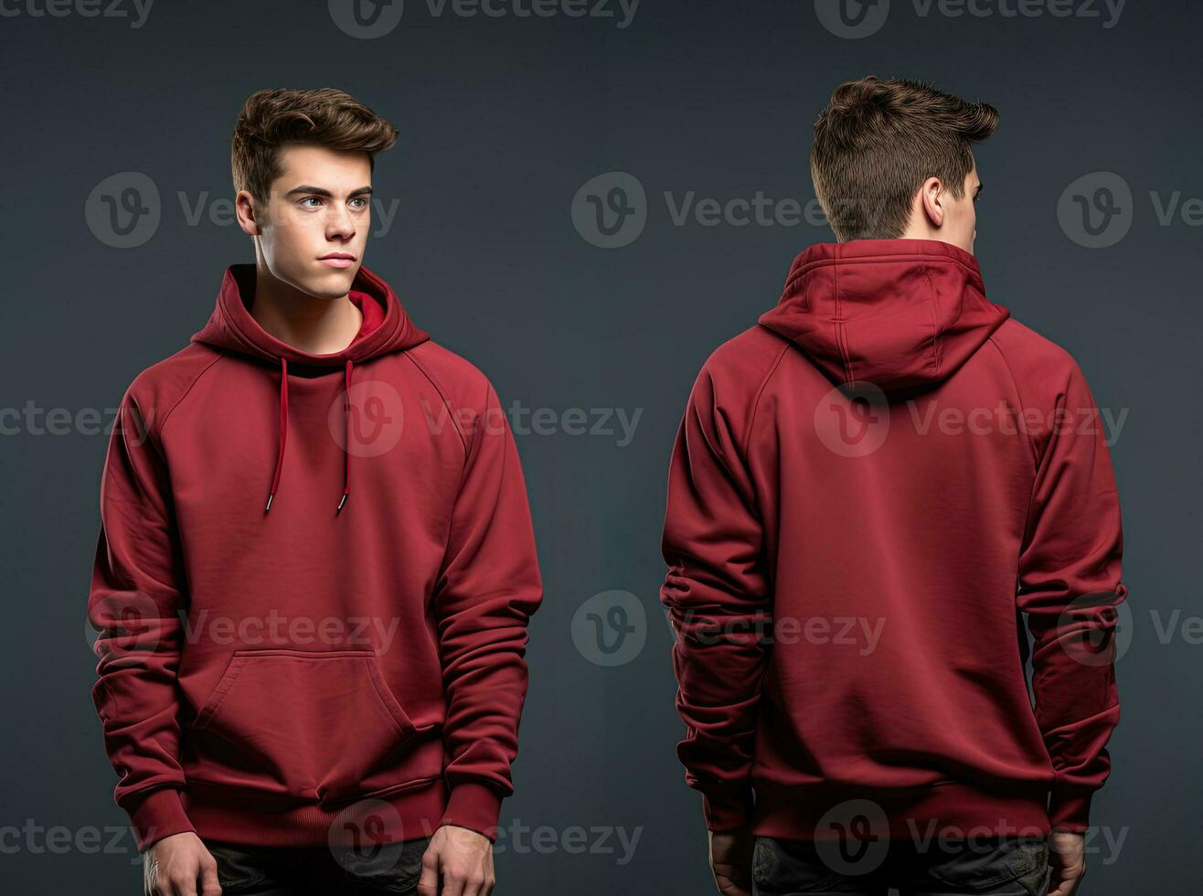 Front and back view of a red hoodie mockup for design print. ai generated photo