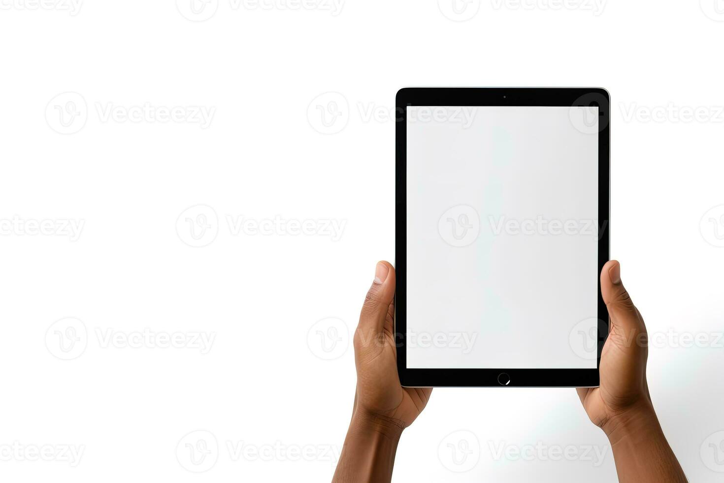 mano participación tableta con Bosquejo blanco pantalla aislado en blanco antecedentes con Copiar espacio. ai generado foto