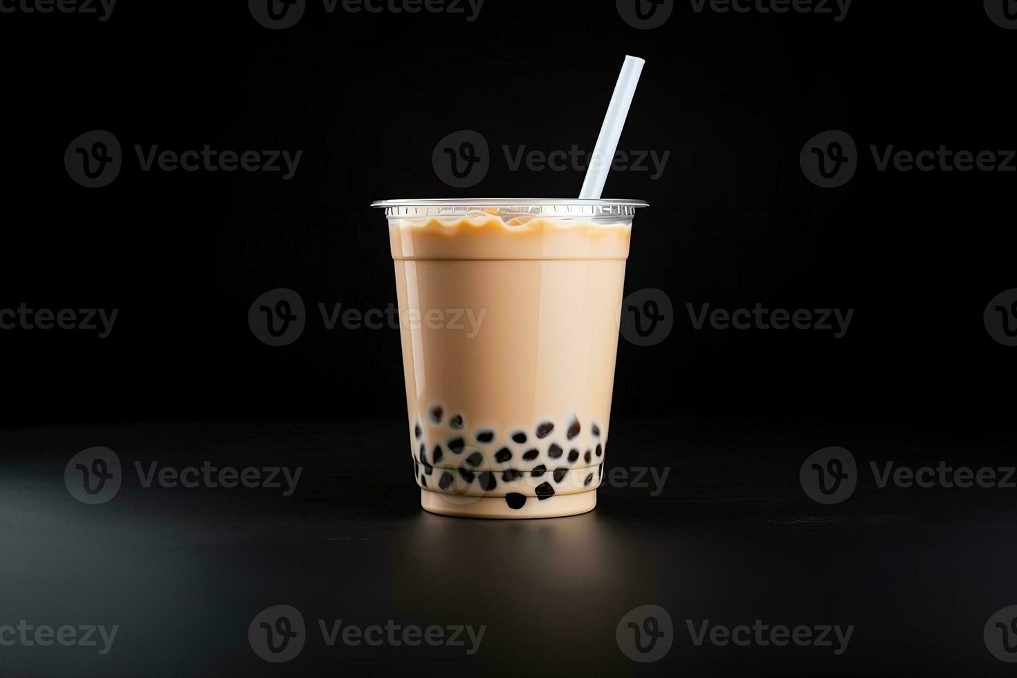 milk tea white bubble on plastic cup, isolated on dark background, side view. ai generated photo