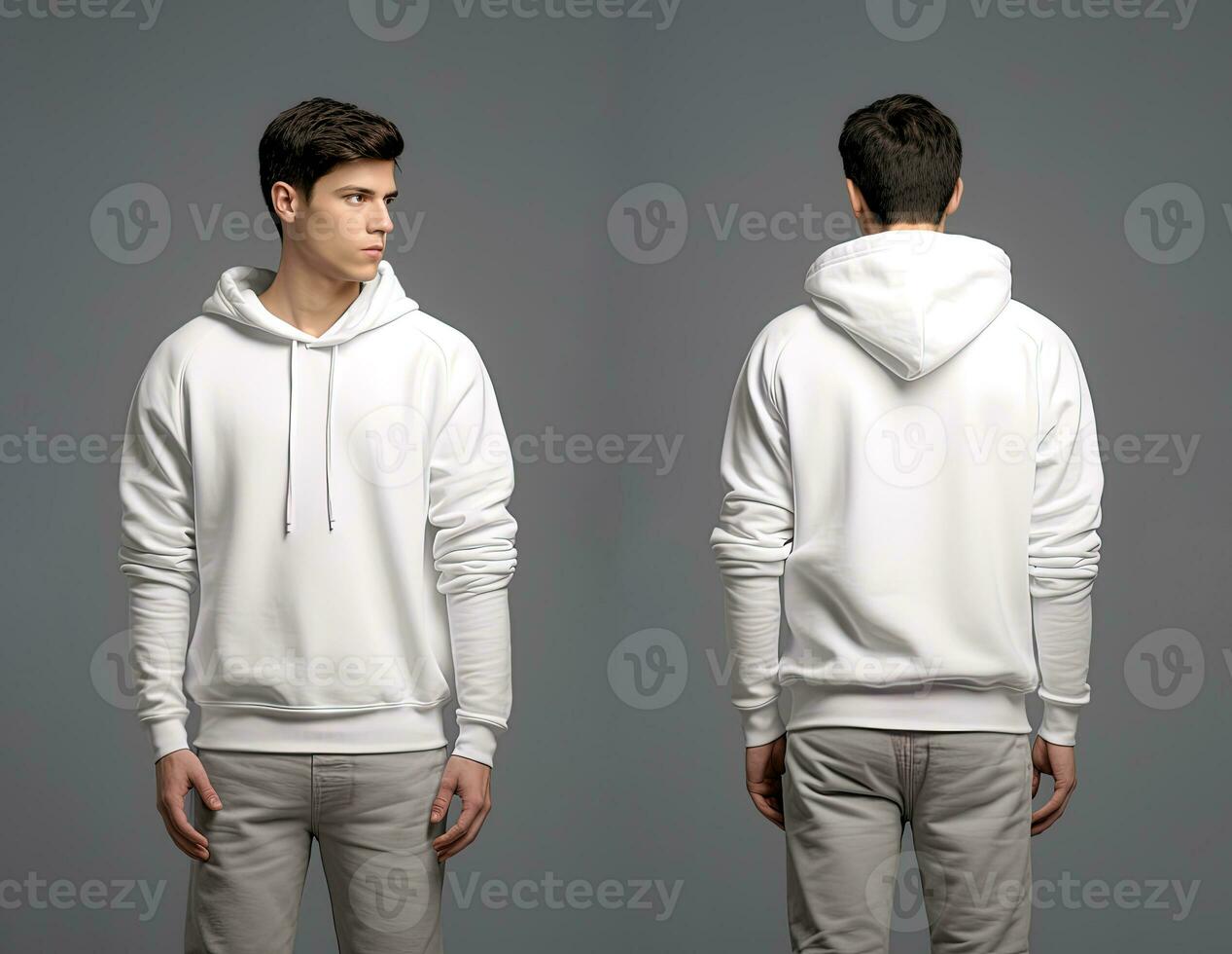 Front and back view of a white hoodie mockup for design print. ai generated photo