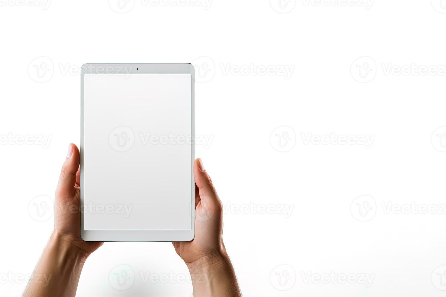 Hand holding tablet with mockup blank screen isolated on white background with copy space. ai generated photo