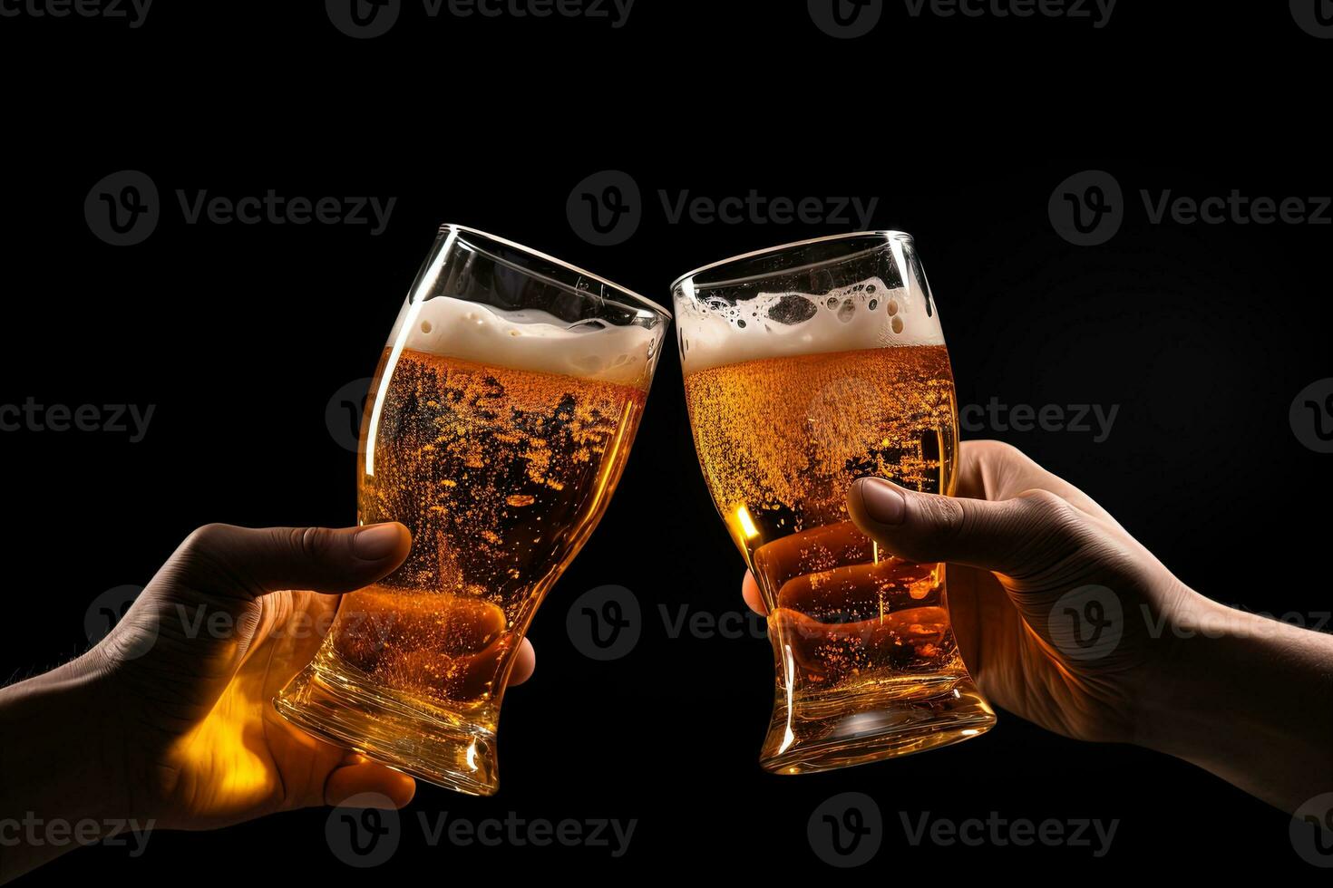 Hands toasting with glasses of beer isolated on black background. ai generated photo