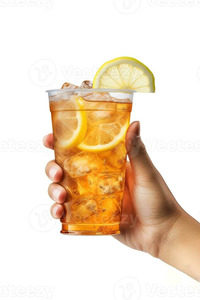 A hand holding takeaway plastic cup of delicious iced lemon tea isolated on white background. ai generated photo