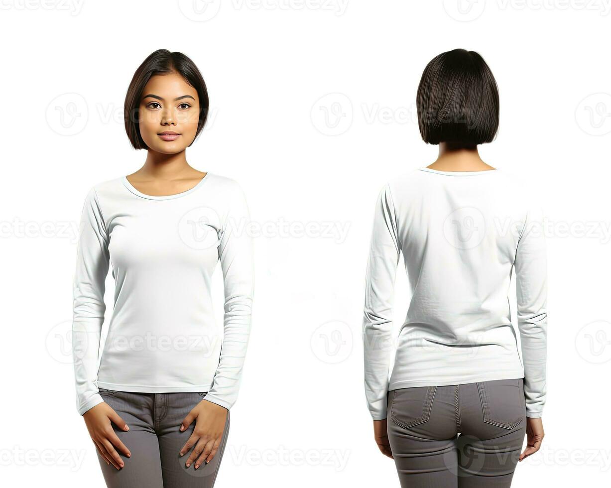 Woman wearing a white T-shirt with long sleeves. Front and back view. ai generated photo