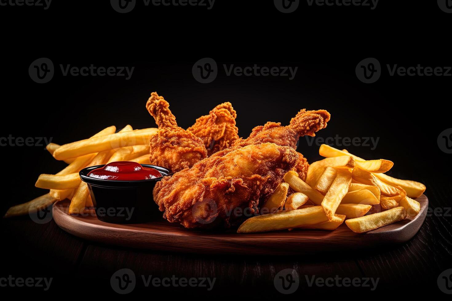 Fast food fried crispy chicken and french fries potatoes with ketchup sauce isolated on dark background. photo