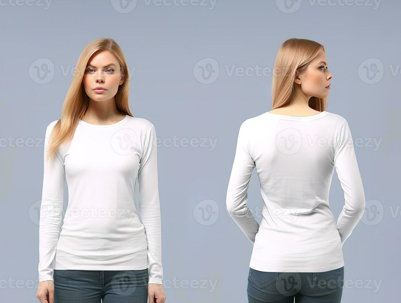 Woman wearing a white T-shirt with long sleeves. Front and back view. ai generated photo