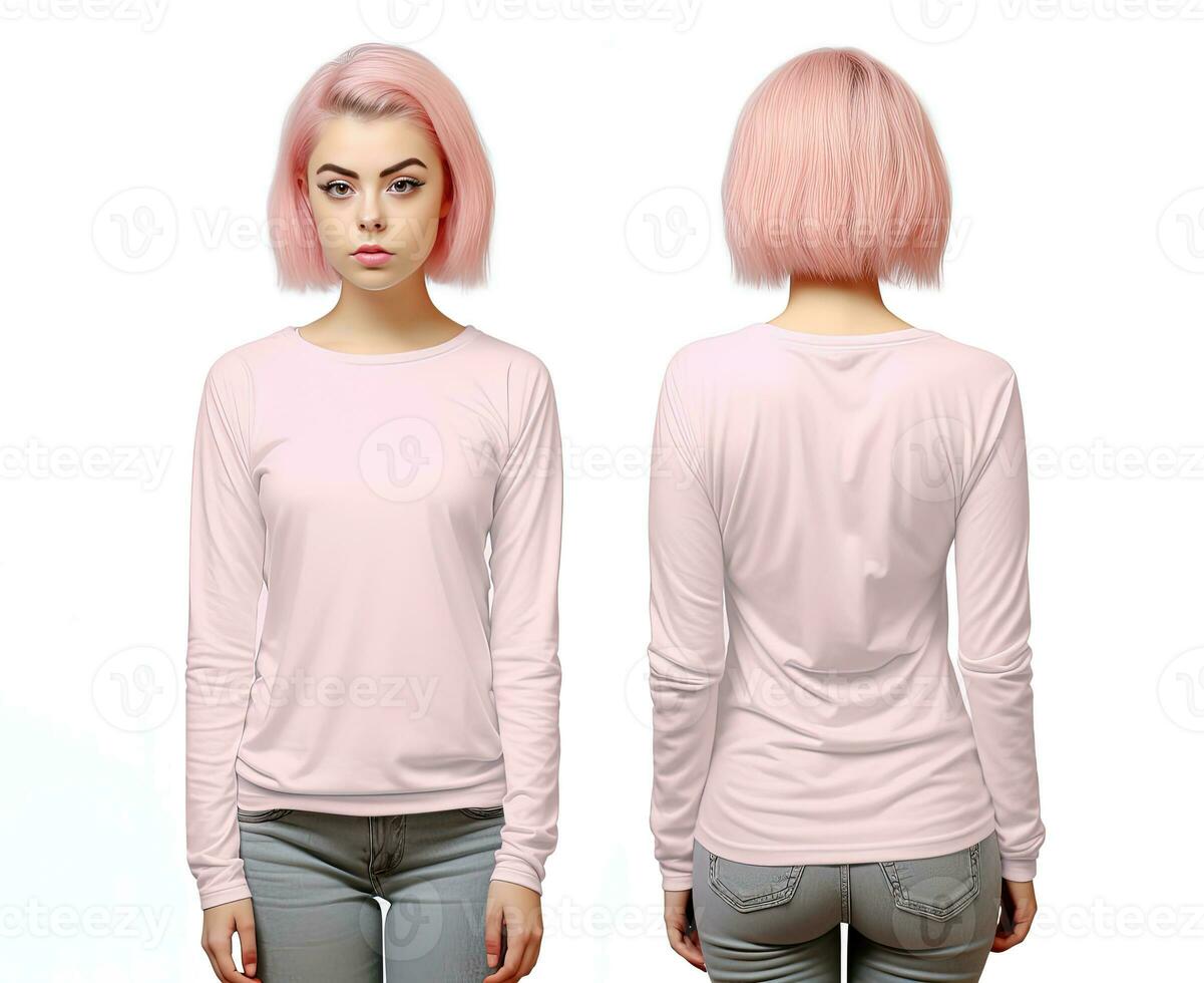 Woman wearing a pink T-shirt with long sleeves. Front and back view photo